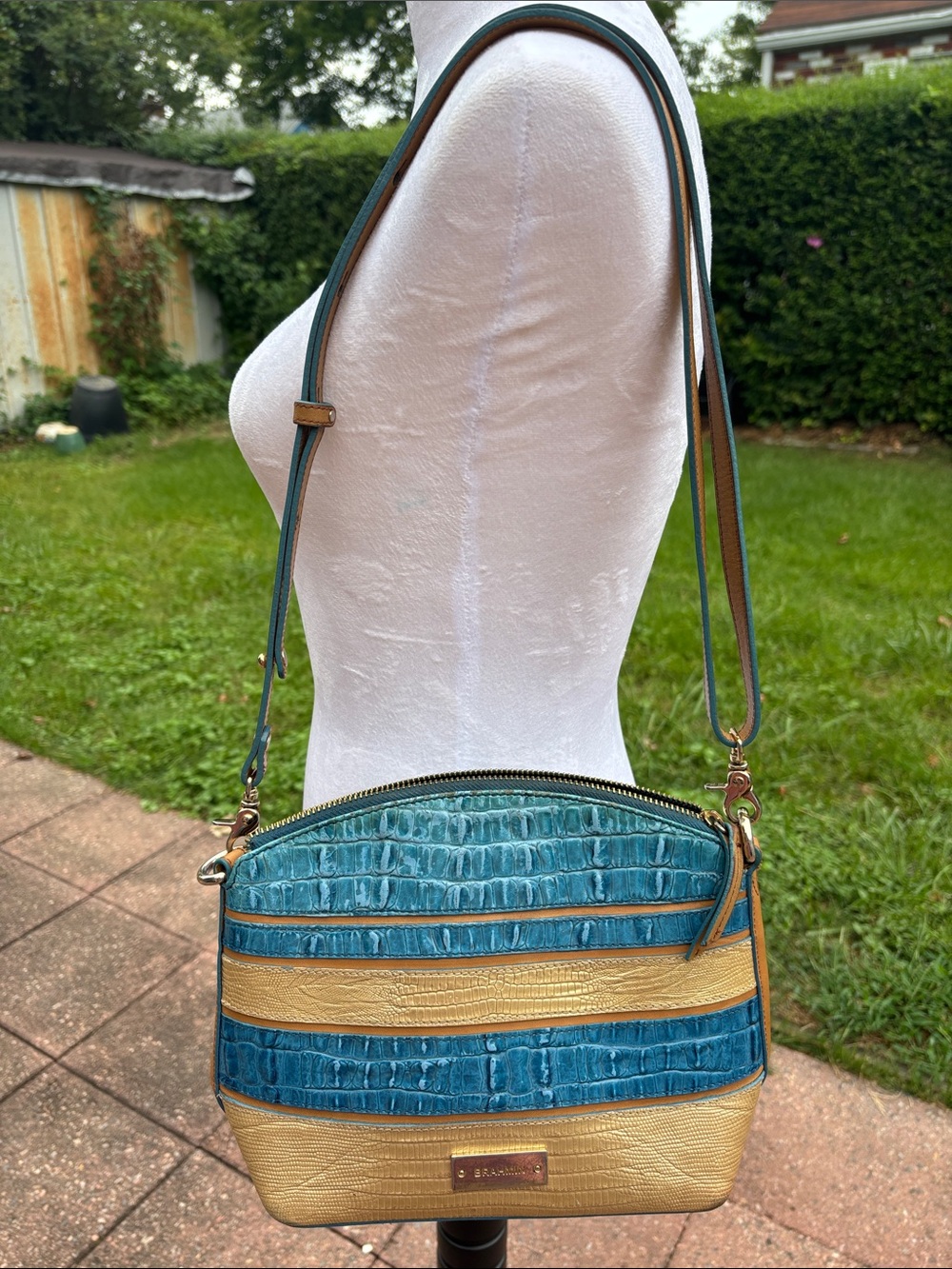 Brahmin Teal and Gold Croc-Embossed Crossbody Bag. Mini Duxbury